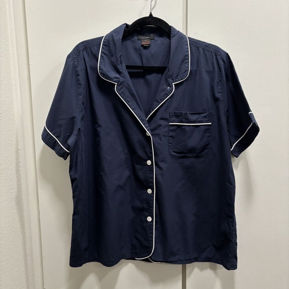 J. Crew Sz XL Pajama Shirt Navy White Trim Short Sleeves Collared Cotton